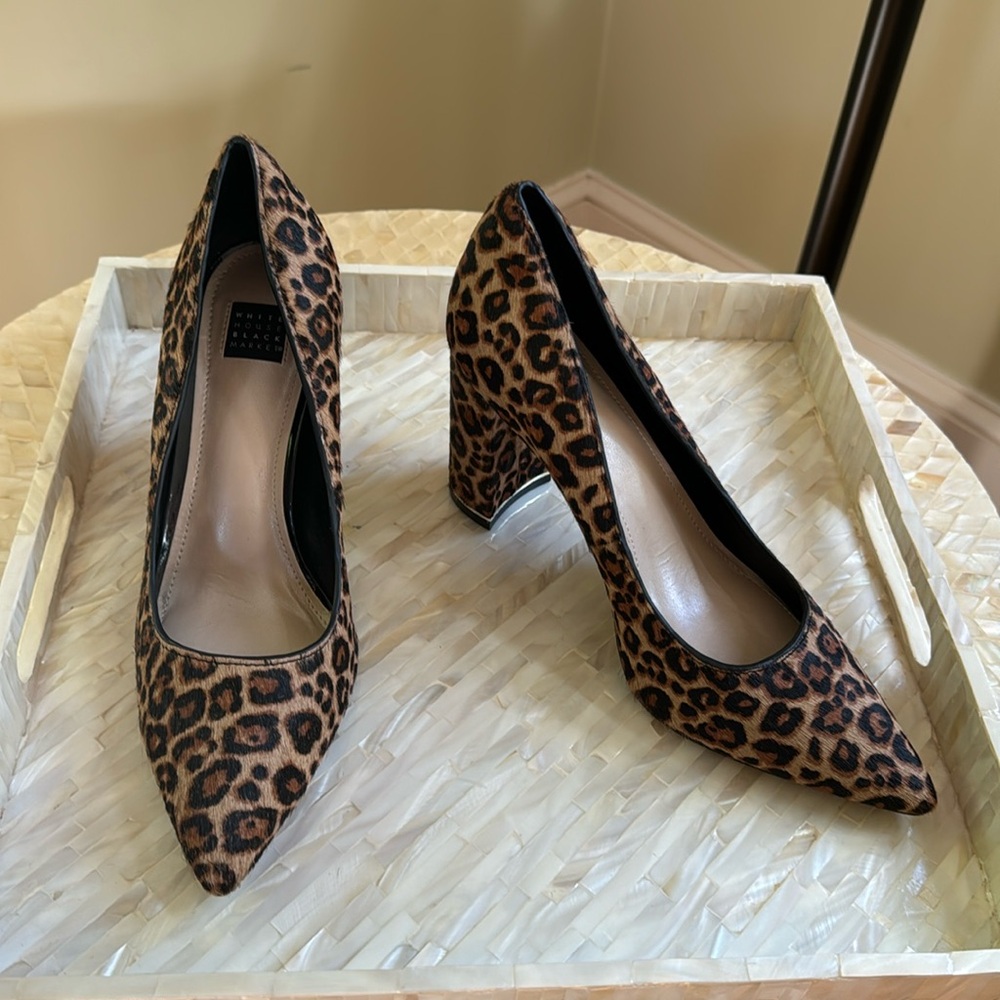 WHBM Elisa signature leopard black heels size 7